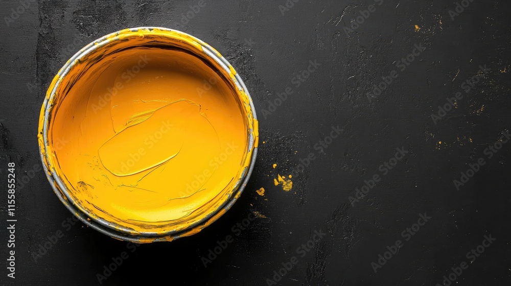 Poster close up of an open bucket of cadmium yellow oil paint on a dark background with space for creative 