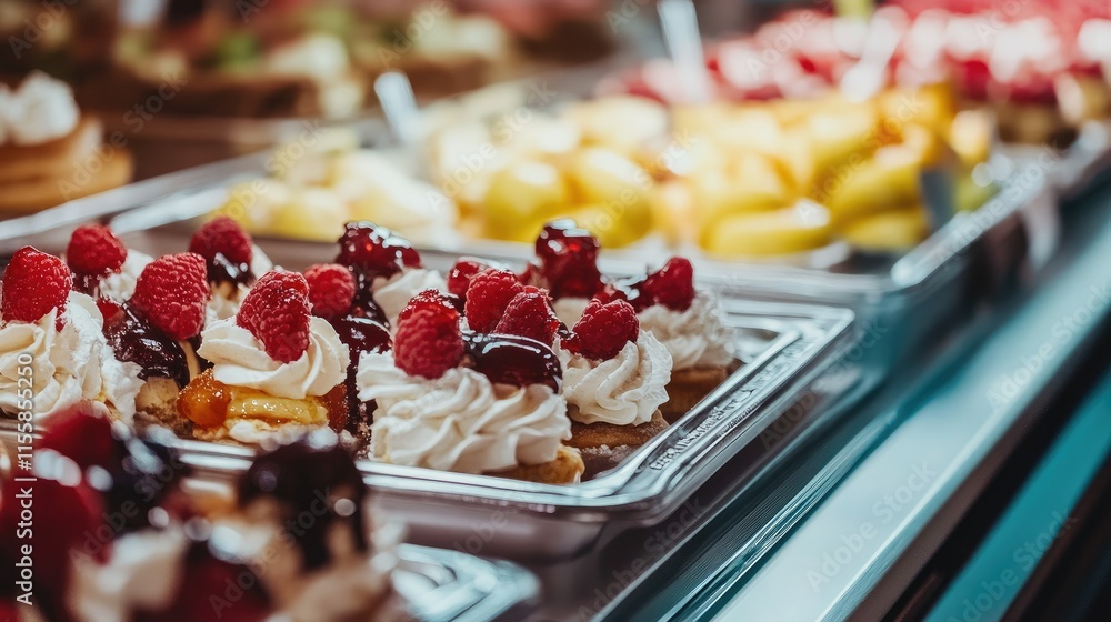 Poster elegant dessert buffet display featuring assorted pastries and fresh fruits with ample empty space f