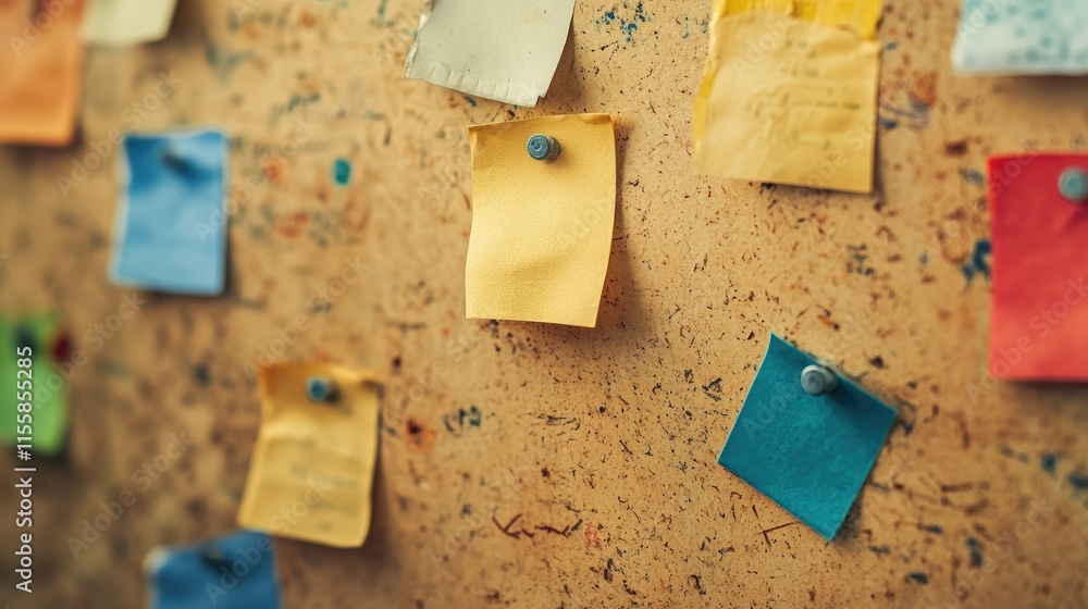 Poster close up of a bulletin board featuring colorful sticky notes with ample empty space for important me