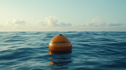 Close up of an orange buoy floating in calm ocean water with a serene sky and ample copy space for text or branding purposes