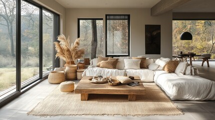 Modern minimalist living room with large windows overlooking nature.