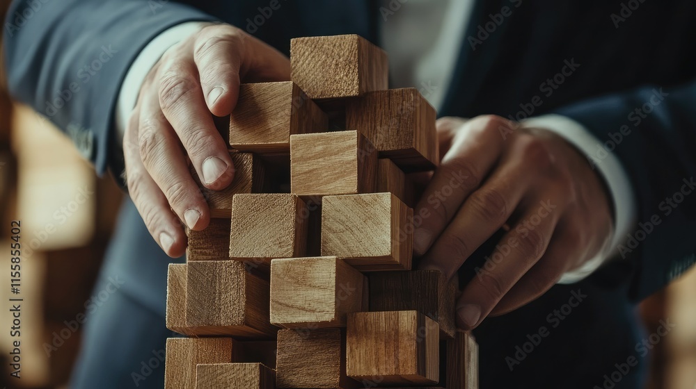 Poster businessman carefully stacking wooden cubes to create a tower symbolizing strategy and growth with a