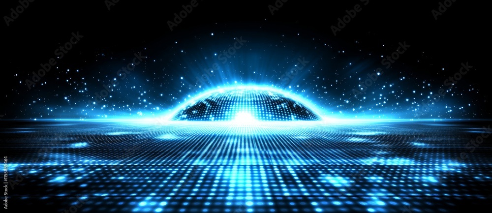 Poster abstract wave featuring moving dots. stream of particles. illustration of cyber technology. 3d rende