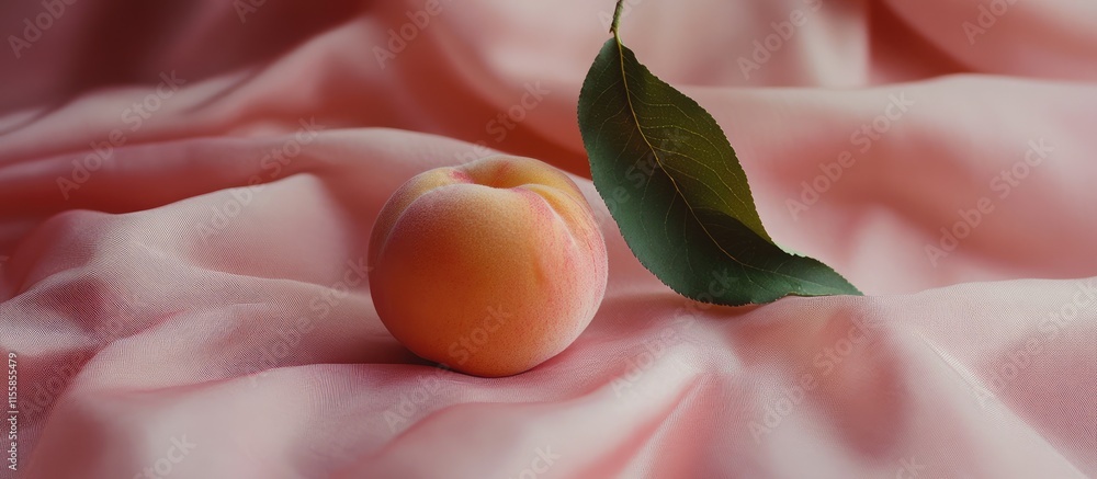 Poster fresh peach on soft pink fabric with green leaf and empty space for customizable text or branding. p