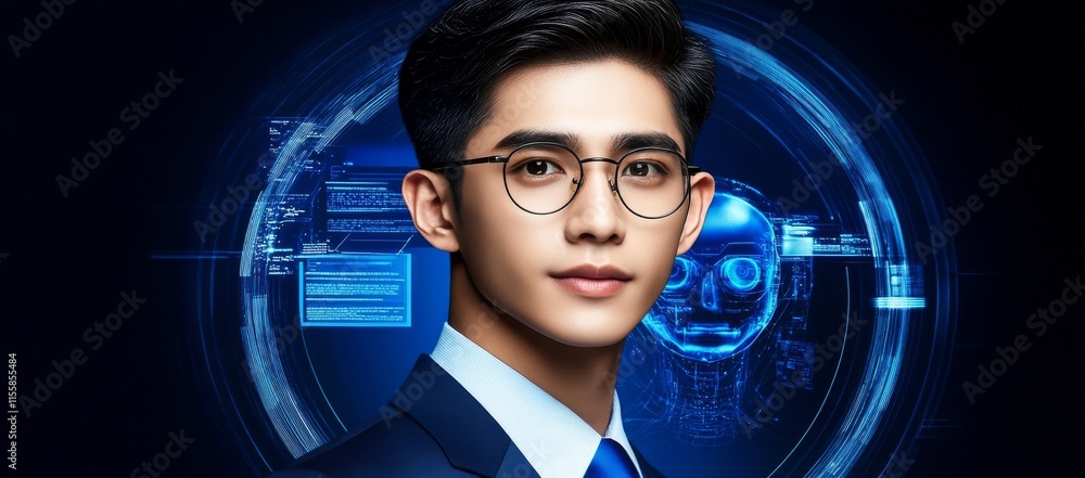 Poster businessman navigating the fusion of ai robots and digital world technology, focused on business fin