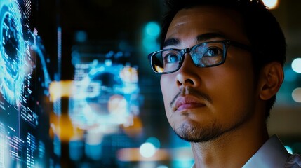 Professional IT Technical Support Specialist broadcasting an intercom announcement through a microphone while working on a desktop computer in a monitoring control room featuring large digital