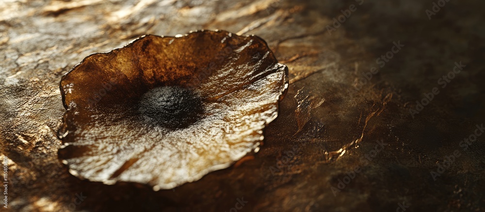 Poster close up of a textured potato chip with a dark blemish in the center surrounded by ample empty space