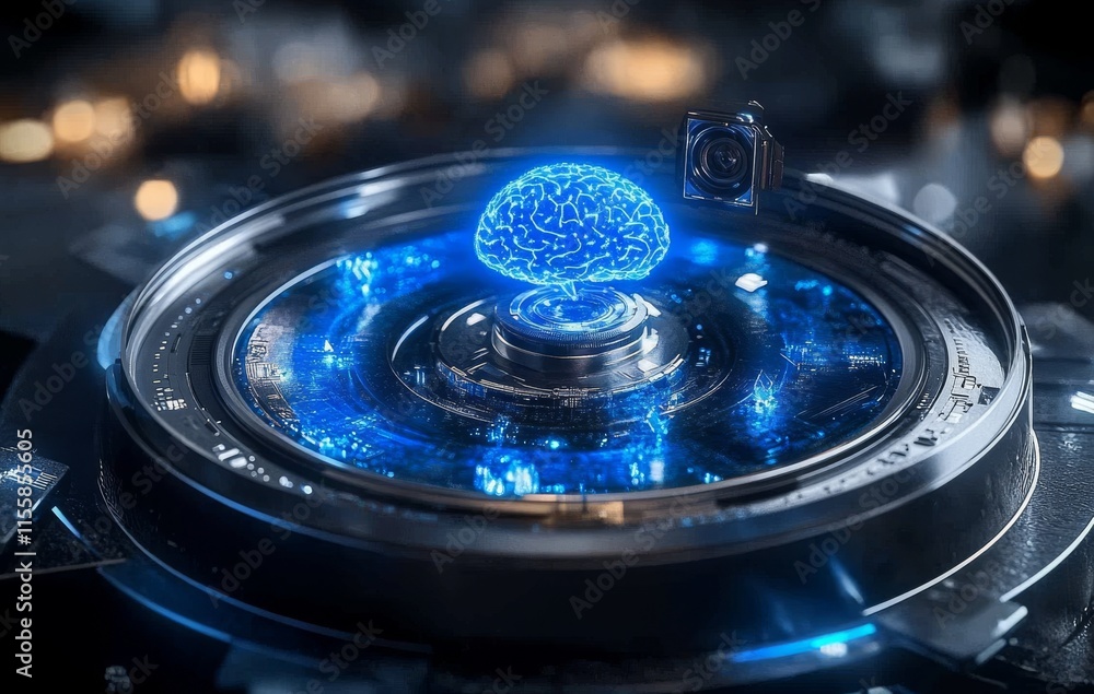 Poster concept of stock hardware illustrated by a glowing blue brain circuit on a microchip placed on a com