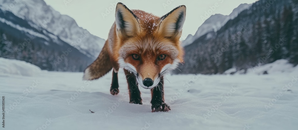 Aufkleber red fox walking through snowy terrain in mountainous forest landscape with ample empty space for tex