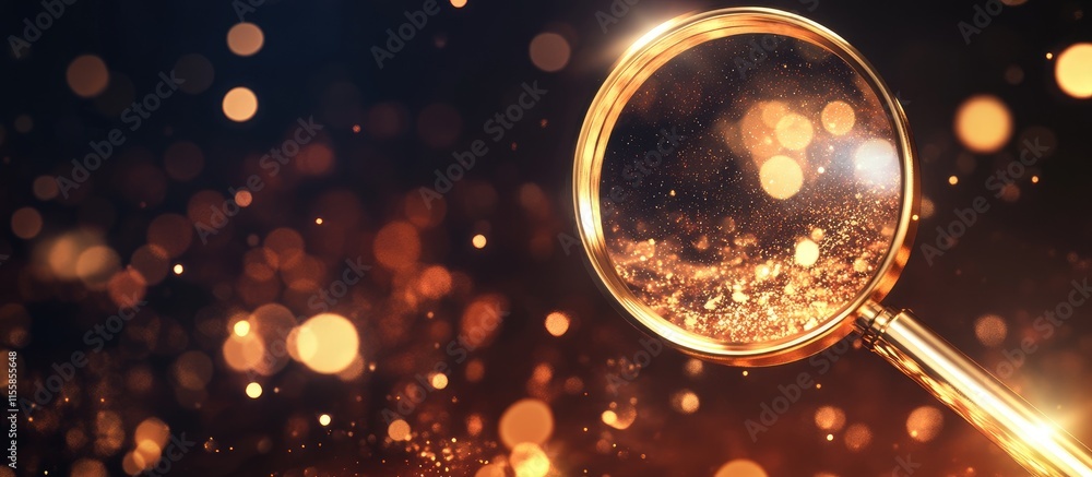 Poster 3d illustration of a magnifying glass on a bokeh background with empty space for text and sparkling 
