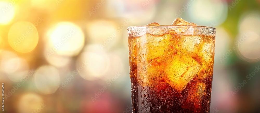 Poster refreshing cold beverage with ice cubes in a glass set against a blurred colorful background with am