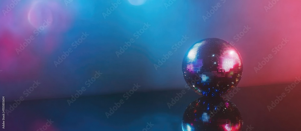 Poster colorful abstract disco ball with mirrored surface reflecting vibrant lights and providing ample emp
