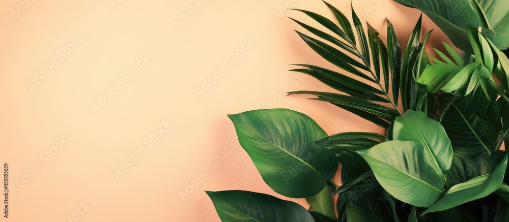 Poster lush green leaves with a soft background creating a serene space for text and showcasing tropical fo