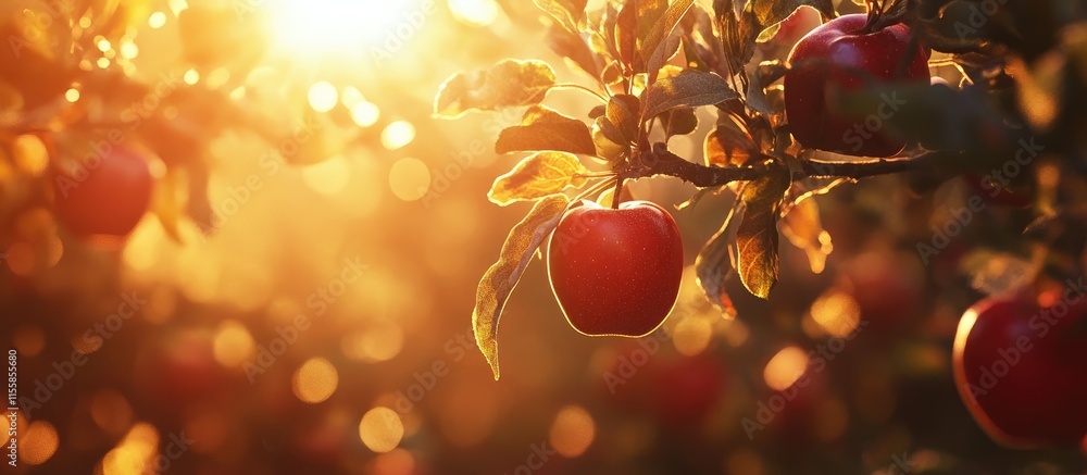 Poster close up of sunlit red apple tree branches with ripe apples and soft bokeh background ideal for addi