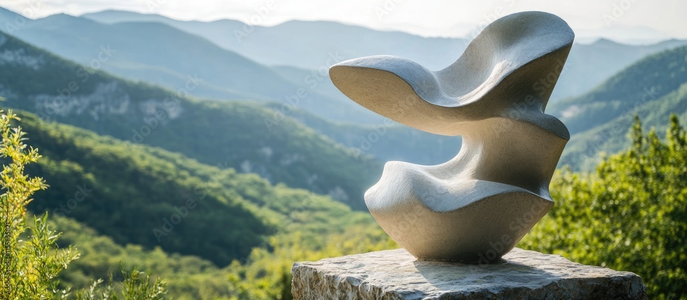 Poster sculpture in a mountainous landscape with serene views and empty space for text showcasing art and n