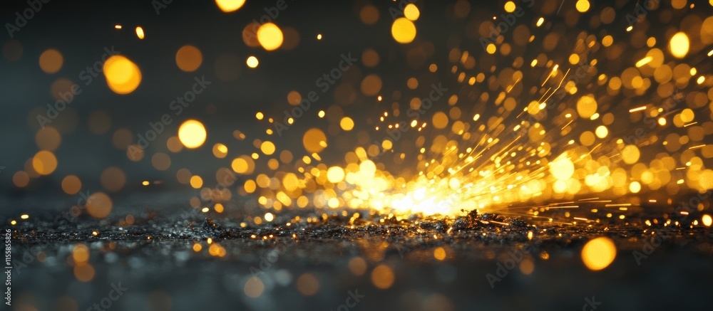 Poster close up of bright sparks created by plasma cutting with soft focus background and ample space for o