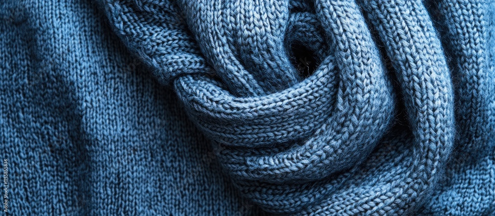 Poster Cozy close up of a folded scarf on a textured knitted fabric background with ample empty space for creative text or design use