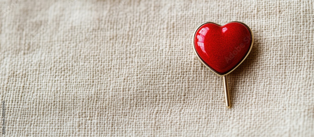 Poster red heart pin on a textured neutral background with ample empty space for adding custom text or mess