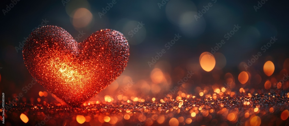 Poster abstract red glittering heart bokeh with dynamic light particles and negative space for text ideal f