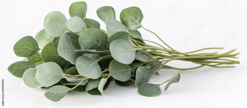 Poster close up of a small eucalyptus bouquet against a white background with ample space for text showcasi
