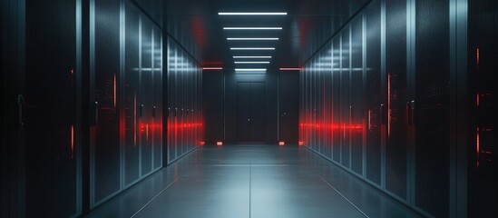 High-tech server room interior with illuminated racks showcasing modern technology and ample space for informational text display