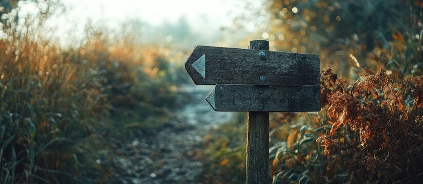 Close up of a rustic wooden signpost with directional arrows surrounded by nature and empty space for customizable text and messages