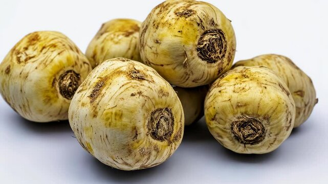 Fresh maca roots arranged on a plain background, showcasing their unique shape and earthy tone