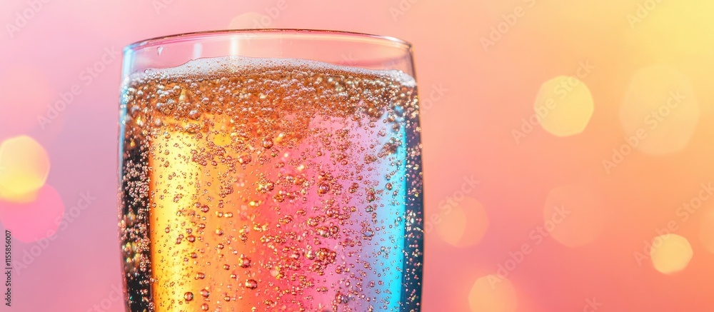 Poster close up of a refreshing fizzy drink in a sparkling glass against a vibrant gradient background with