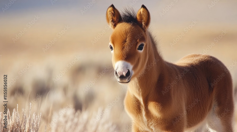 Poster close up of a foal in its natural habitat with a serene background and ample copy space for text or 