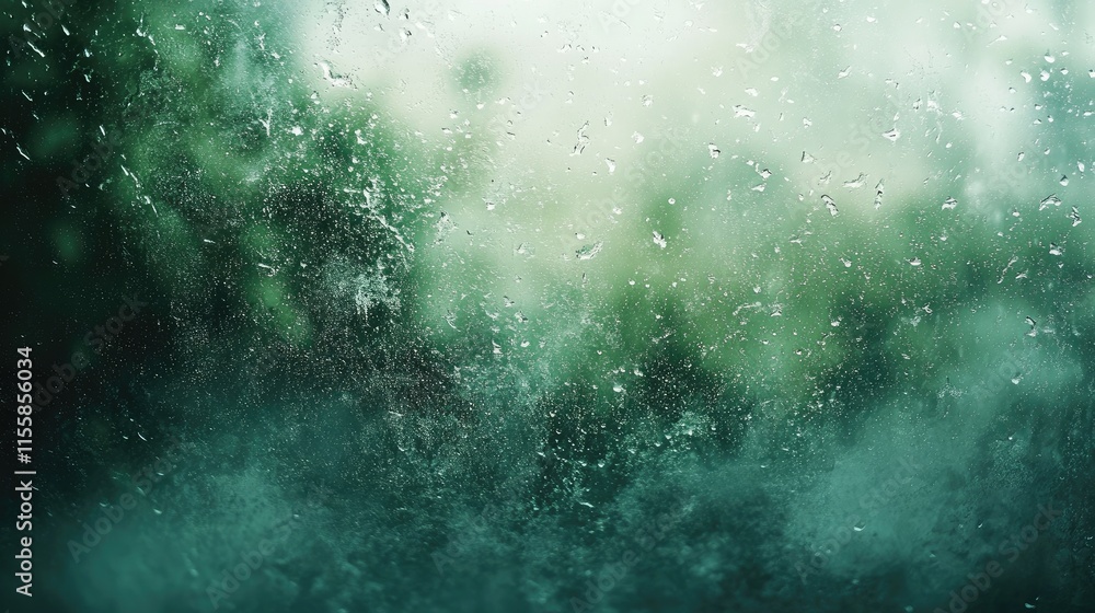 Poster close up of fogged window with raindrops creating a blurred background and empty space for creative 