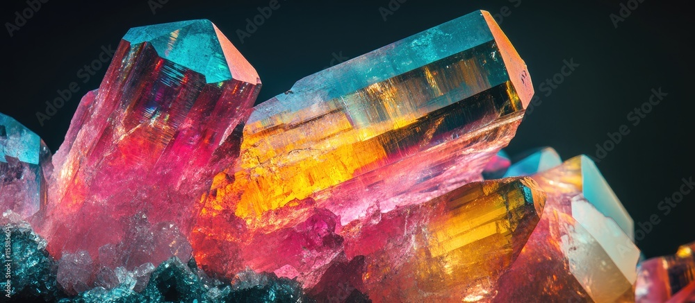 Poster vibrant sparkling tourmaline crystals showcasing rich colors against a dark backdrop ideal for addin