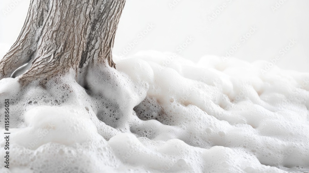 Poster foam formation on water along tree roots creating a serene natural scene with ample space for overla