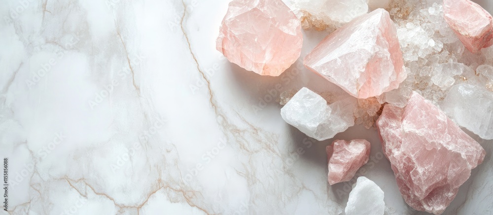 Poster elegant pale grey marble and rose quartz stone texture background with empty space for text in a pan