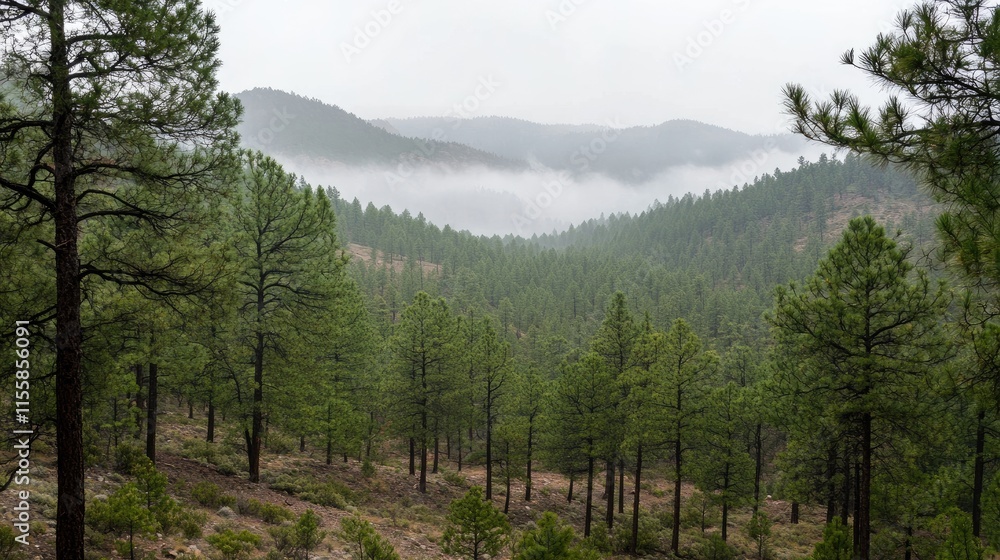 Poster foggy pine trees in a dense forest landscape with misty hills and ample copy space for text or brand