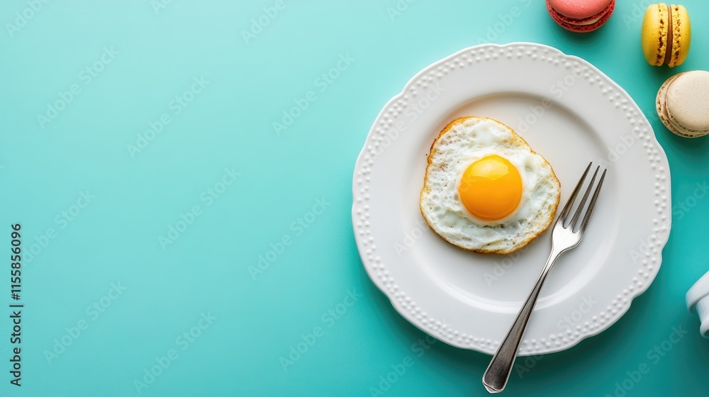 Aufkleber close up of fork on white plate with fried egg macarons and coffee cup on turquoise background empty