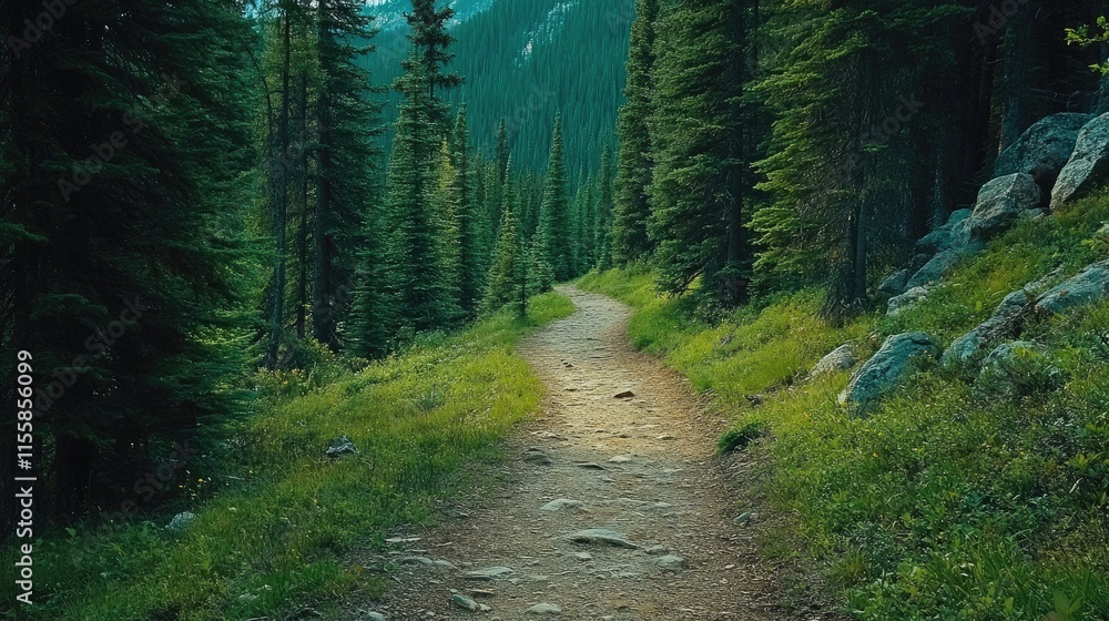 Aufkleber forest path in a lush mountain landscape inviting exploration with empty space for text on an outdoo