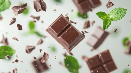 Close up of flying chocolate pieces surrounded by fresh peppermint leaves with empty space for promotional text or branding
