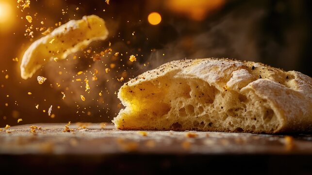 Rustic focaccia and homemade bread with flying ingredients highlighting texture and authenticity ideal for culinary advertising and promotional content