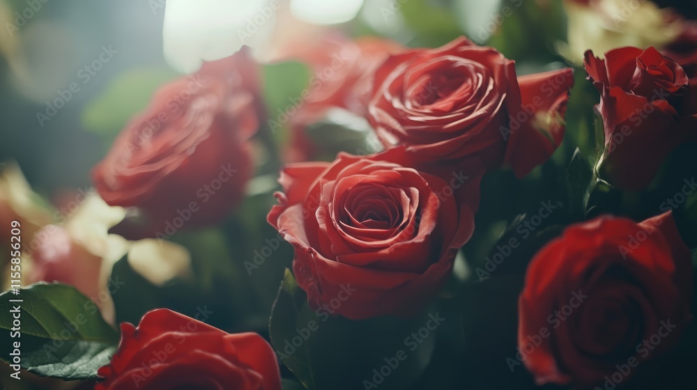 Poster fragrant rose bouquets displayed in a shop with soft lighting and ample copy space for promotional t