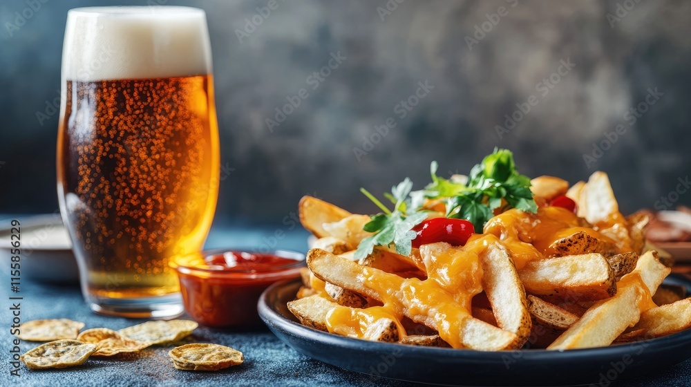 Poster delicious cheese sauce topped fries on a plate beside a refreshing beer with copy space for text in 