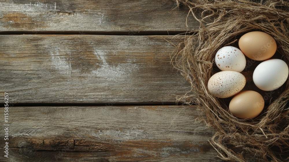 Poster free range eggs nestled in a rustic nest on wooden surface with empty space for text or marketing pu