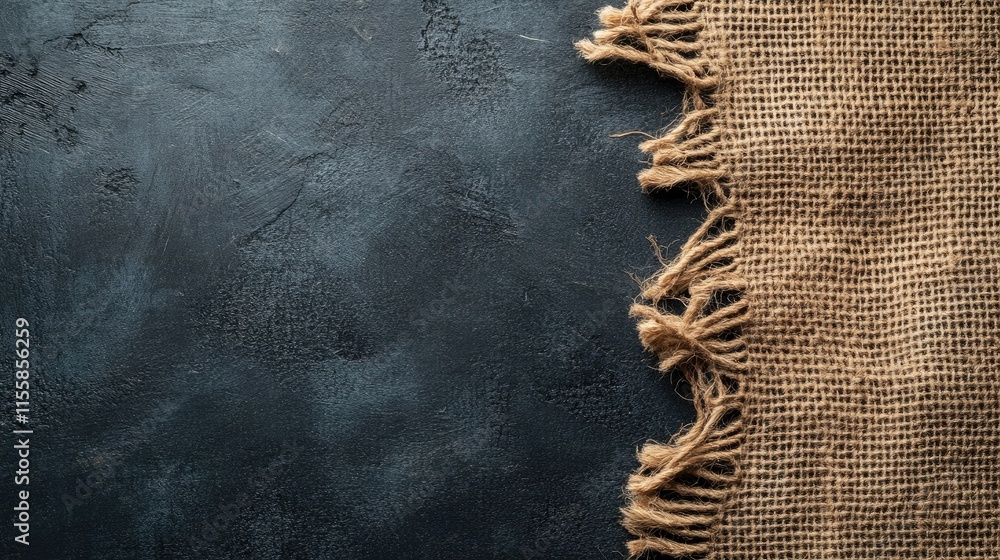 Poster frayed burlap fabric texture against a dark backdrop with ample empty space for text or design eleme