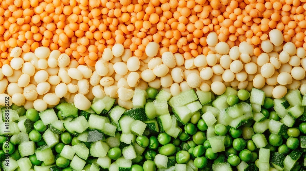Poster vibrant display of assorted legumes and vegetables emphasizing healthy eating with ample empty space