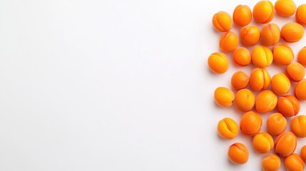 Fresh apricots arranged on a white background with ample copy space for text showcasing vibrant colors and natural texture