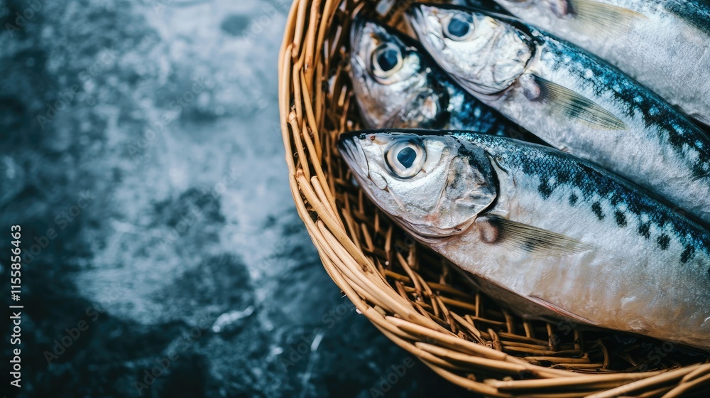 Poster close up of fresh fish in a wicker basket arranged on a dark surface with ample empty space for adve