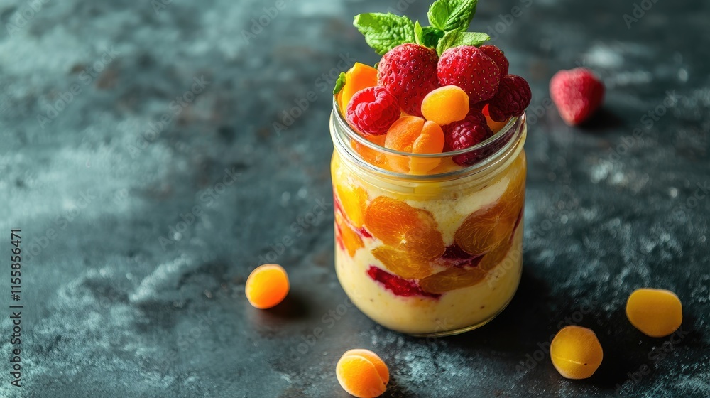 Poster fresh fruit trifle in a mason jar topped with strawberries and apricots healthy dessert with empty s