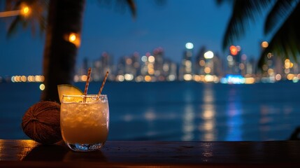 Close up of coconut cocktail at night on beach with city skyline in background perfect for summer vacation and tropical getaway themes