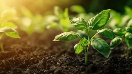 Fresh green basil plants growing in soil vibrant culinary herbs with smooth leaves nature's contribution to cooking and health