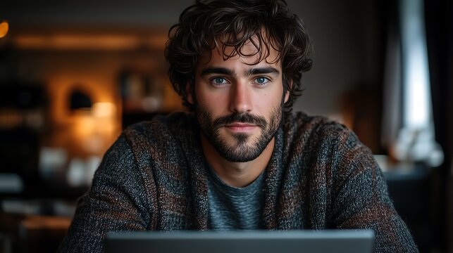 A man with laptop on gray background