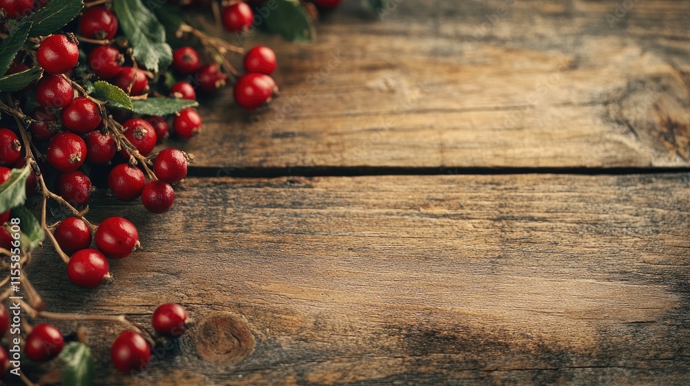 Poster close up of vibrant hawthorn berries on rustic wooden table with natural background and ample space 
